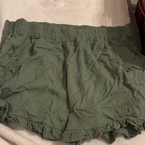 Umgee Olive Green Ruffle Hem Linen Shorts